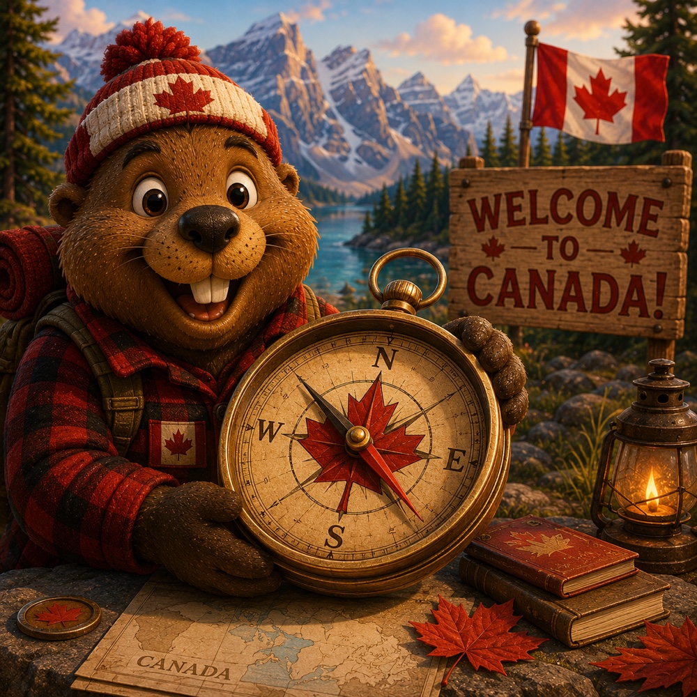 A small fox holding an oversized compass, pointing toward true north — the app finds your specific path through Bill C-3