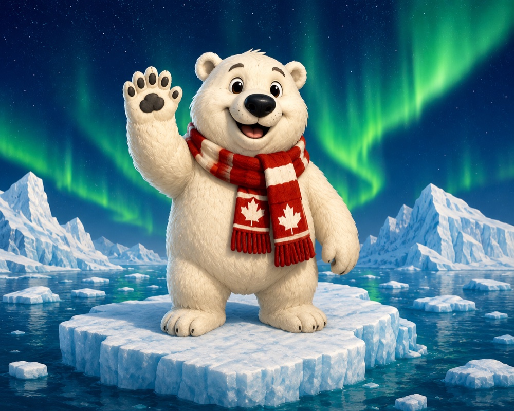 A friendly polar bear waving hello from a snowy shoreline — approachable, welcoming