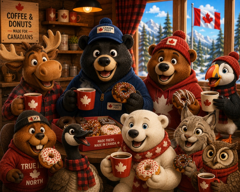 A group of cartoon animals — bear, beaver, fox, moose — gathered around a small table sharing coffee and conversation, evoking the small, friendly team behind the project