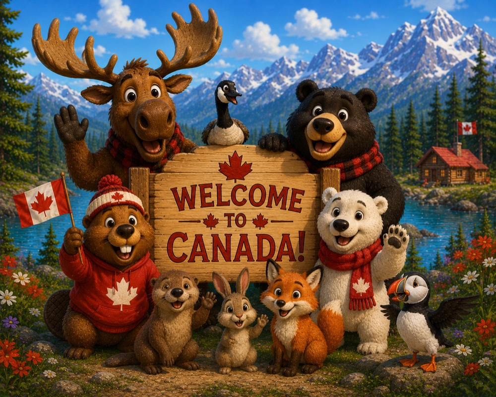 A welcoming committee of cartoon animals — moose, beaver, fox, and loon — holding a banner that reads 'Welcome' for newcomers arriving in Canada