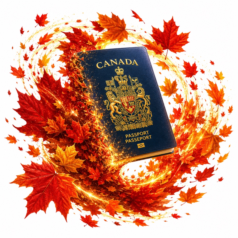 A Canadian passport materializing out of a swirling vortex of red and orange maple leaves with golden particles