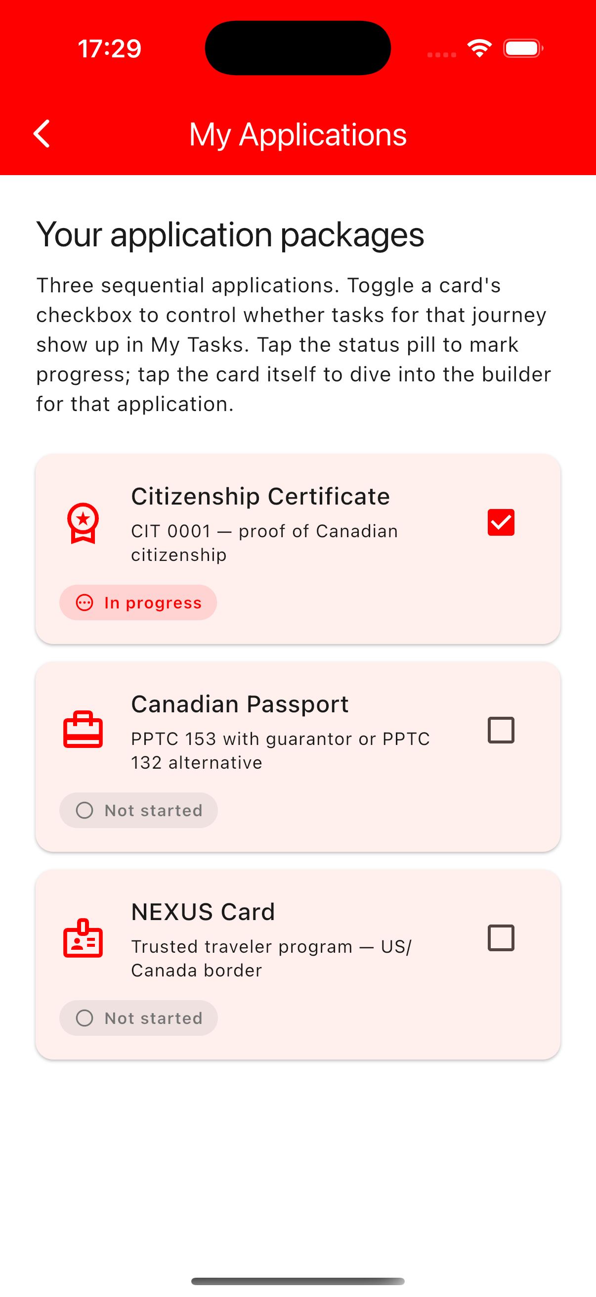 Suddenly Canadian — My Applications screen with Citizenship Certificate and Canadian Passport packages