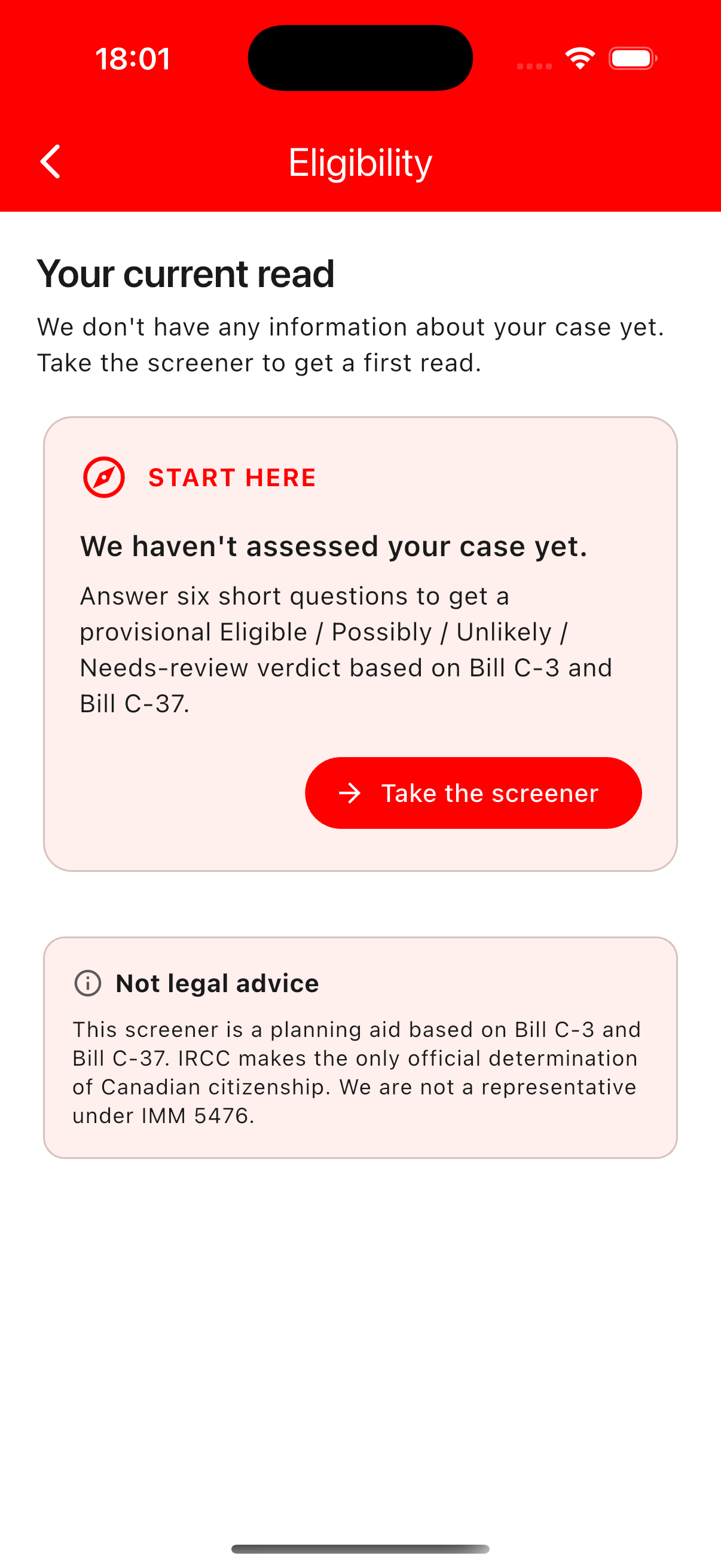 Suddenly Canadian — Eligibility screener intro with a clear 'not legal advice' caveat under IMM 5476