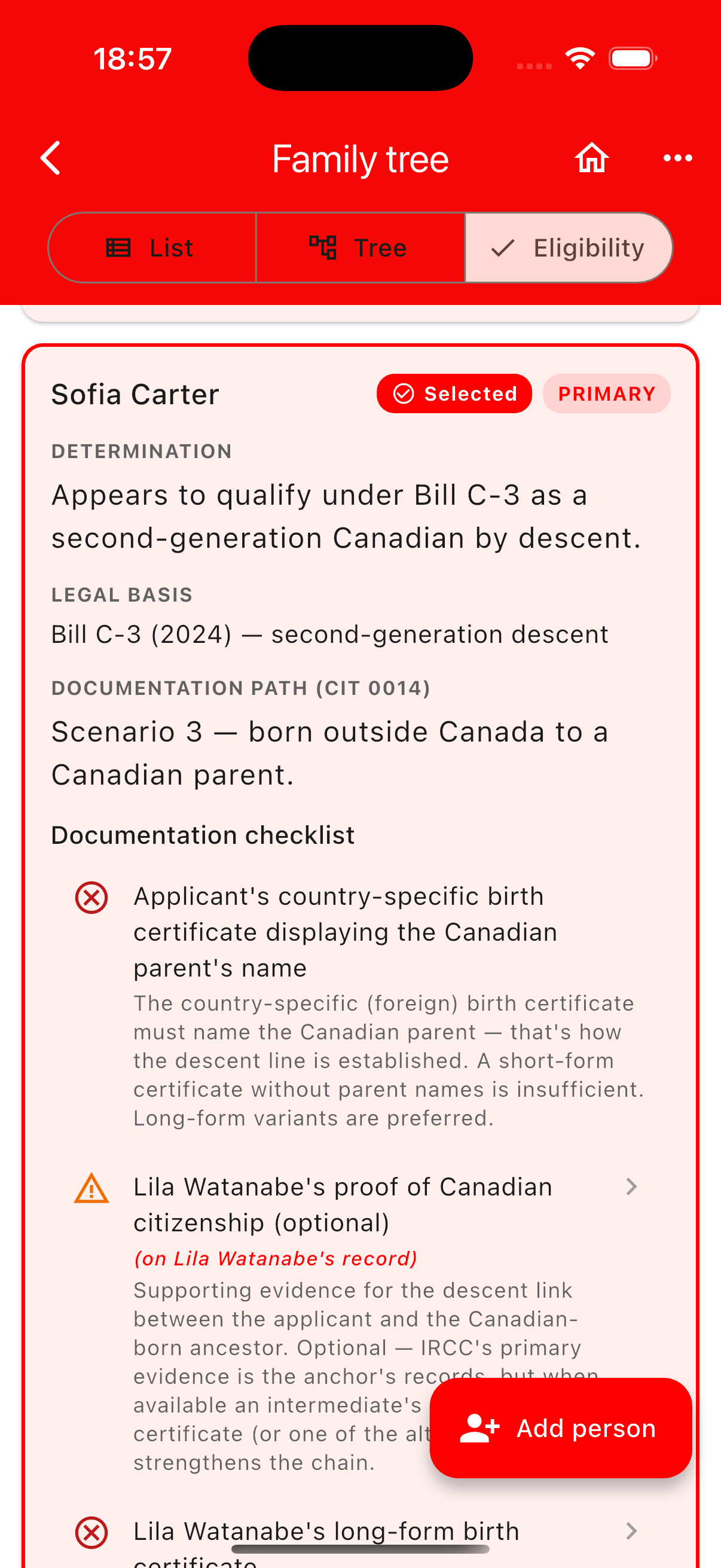 Suddenly Canadian — Eligibility Assessment showing a Bill C-3 second-generation determination for the primary applicant, with the documentation path (CIT 0014 Scenario 3) and a tailored per-document checklist