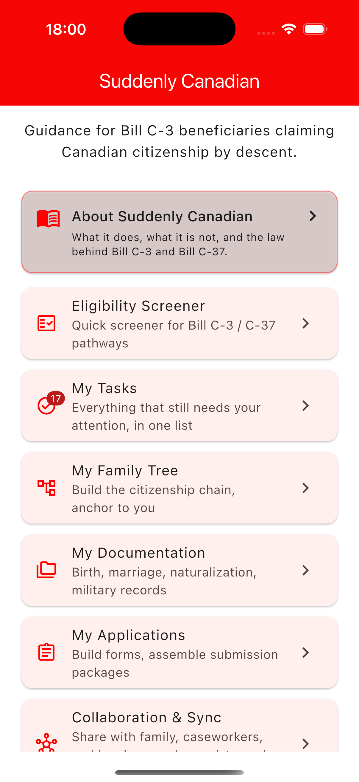 Suddenly Canadian — Welcome home screen with eligibility, family tree, documentation, applications, and collaboration cards