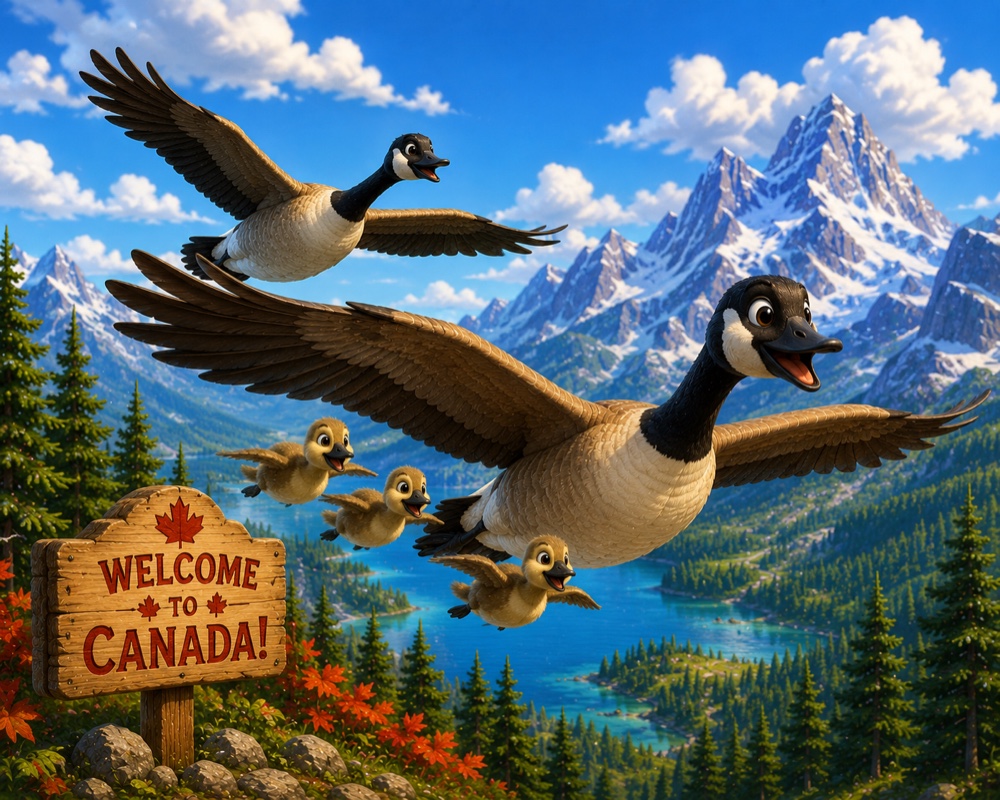 A flock of Canada geese flying in formation past snow-capped mountains toward a 'Welcome to Canada' sign — the diaspora finding its way home
